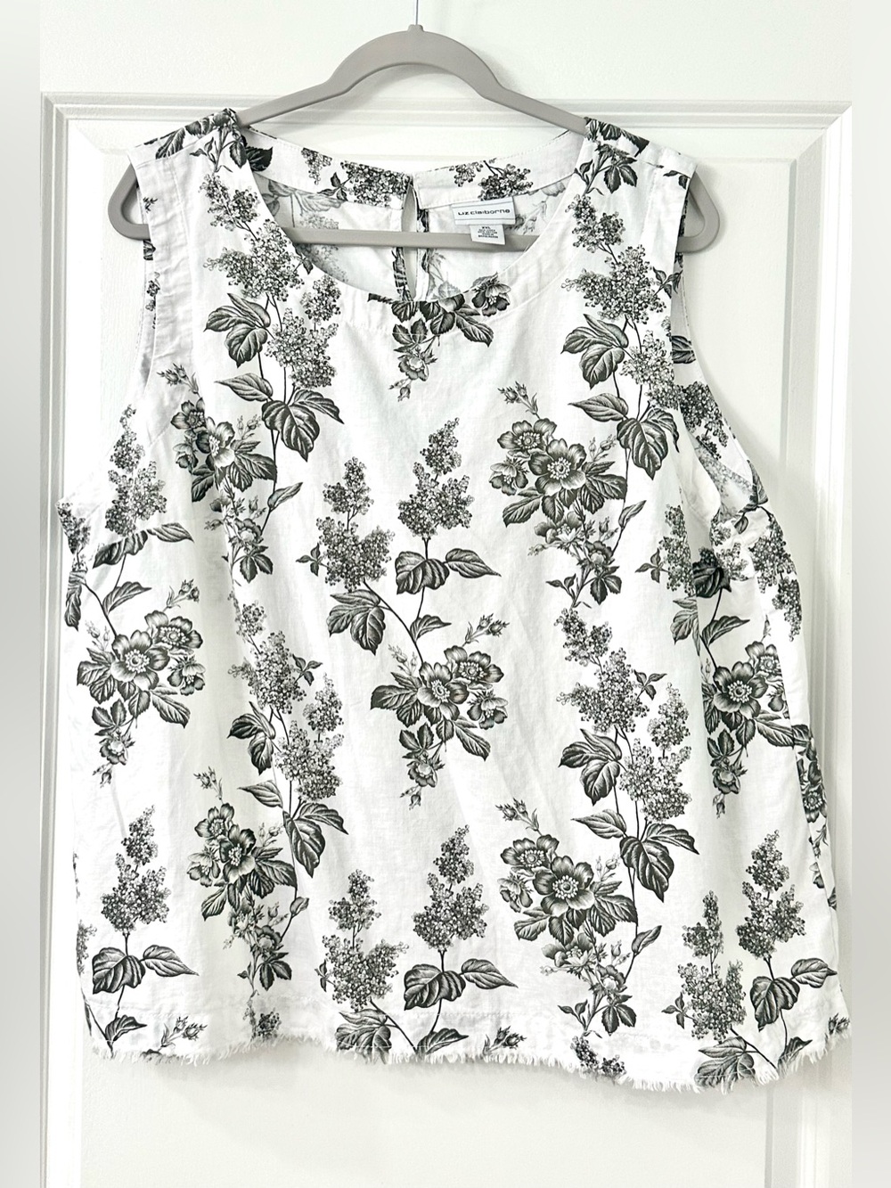 Liz Claiborne Linen White Gray Sleeveless Floral Print Tank XL Fringe Hem